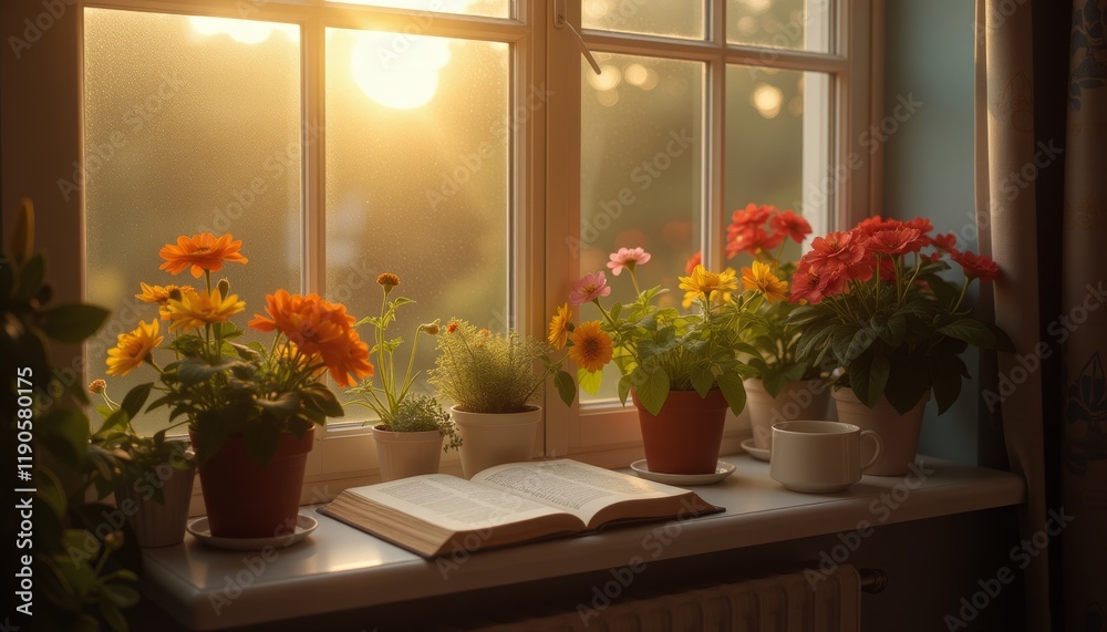 Gerbera daisies in bloom on windowsill with sunlight Gerbera daisies in bloom on windowsill with sunlight