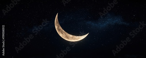 Crescent moon glowing softly amidst radiant stars, supernatural light weaving through the celestial expanse photo