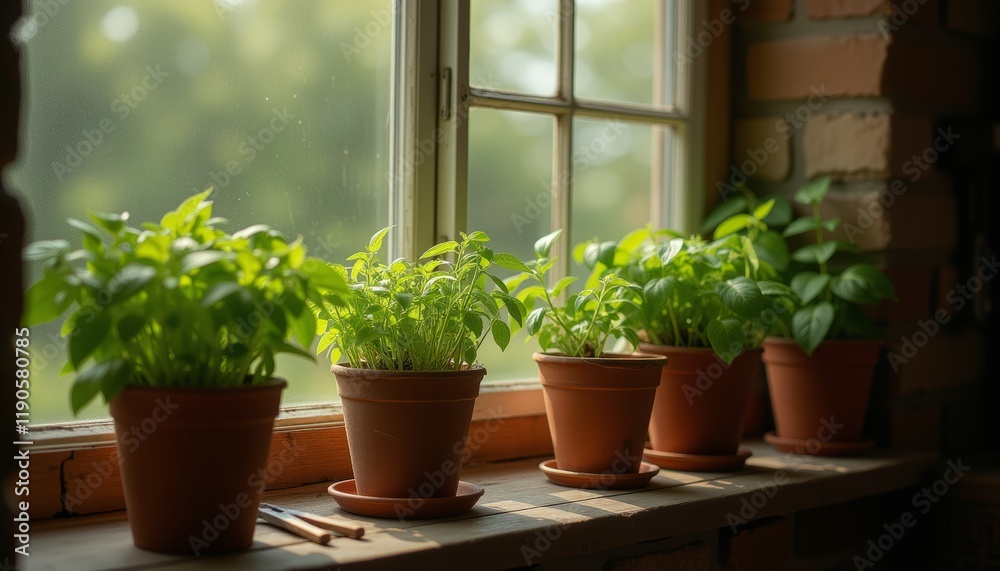 Basil plants in terracotta pots on rustic kitchen windowsill Basil plants in terracotta pots on rustic kitchen windowsill