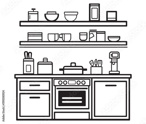 A black and white drawing of a kitchen, Line art kitchen furniture set