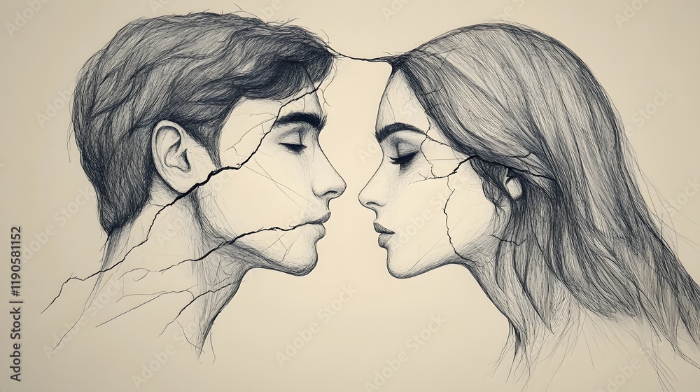 An Artistic Representation of a Heartbroken Arabic Couple Parting Ways in a Modern Continuous Line Drawing Style An Artistic Representation of a Heartbroken Arabic Couple Parting Ways in a Modern Continuous Line Drawing Style