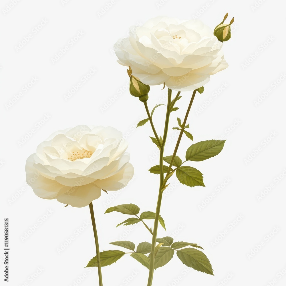 Obraz premium Elegant Pair of Cream Roses with Buds and Green Leaves on White Background