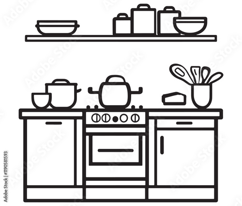 A black and white drawing of a kitchen, Line art kitchen furniture set