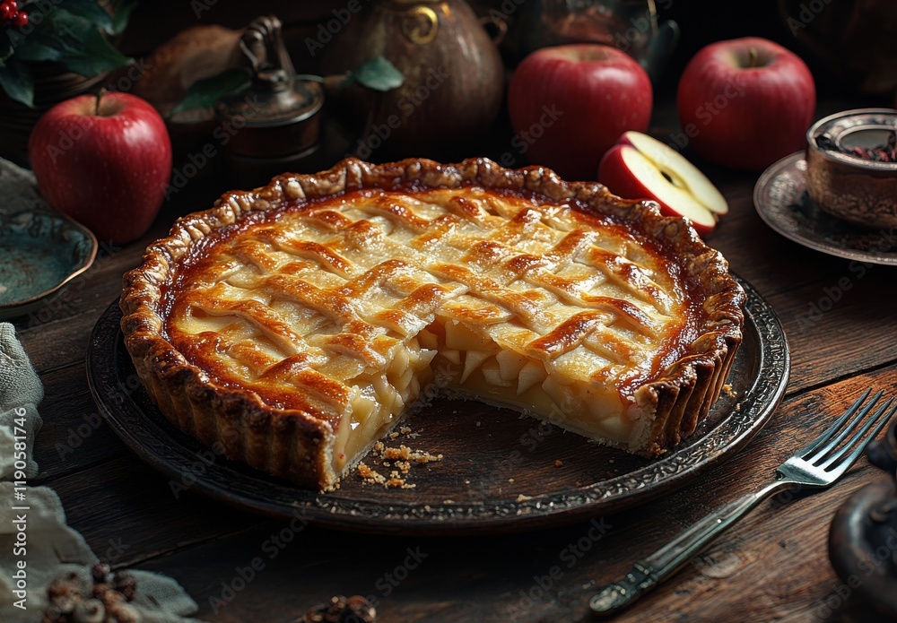 Delicious homemade apple pie with a golden lattice crust displayed on a rustic wooden table surrounded by fresh apples and vintage kitchenware for a cozy atmosphere Delicious homemade apple pie with a golden lattice crust displayed on a rustic wooden table surrounded by fresh apples and vintage kitchenware for a cozy atmosphere
