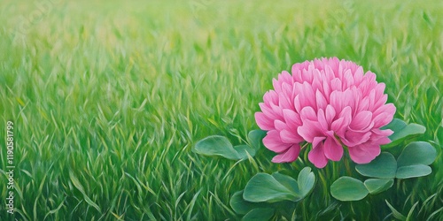 A detailed shot of a vibrant pink clover flower growing on a green, grassy field. photo