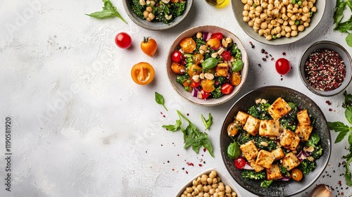 Healthy Meal Prep Colorful Salads and Vegetables Kitchen Counter Food Photography Bright Environment Top View Healthy Eating Concept