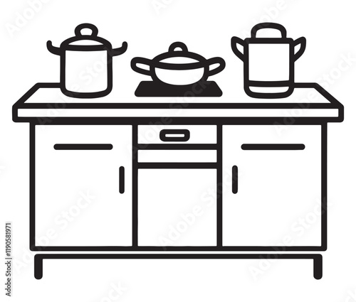 A black and white drawing of a kitchen, Line art kitchen furniture set