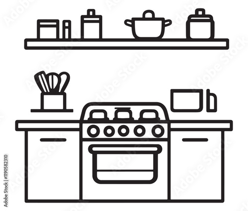 A black and white drawing of a kitchen, Line art kitchen furniture set