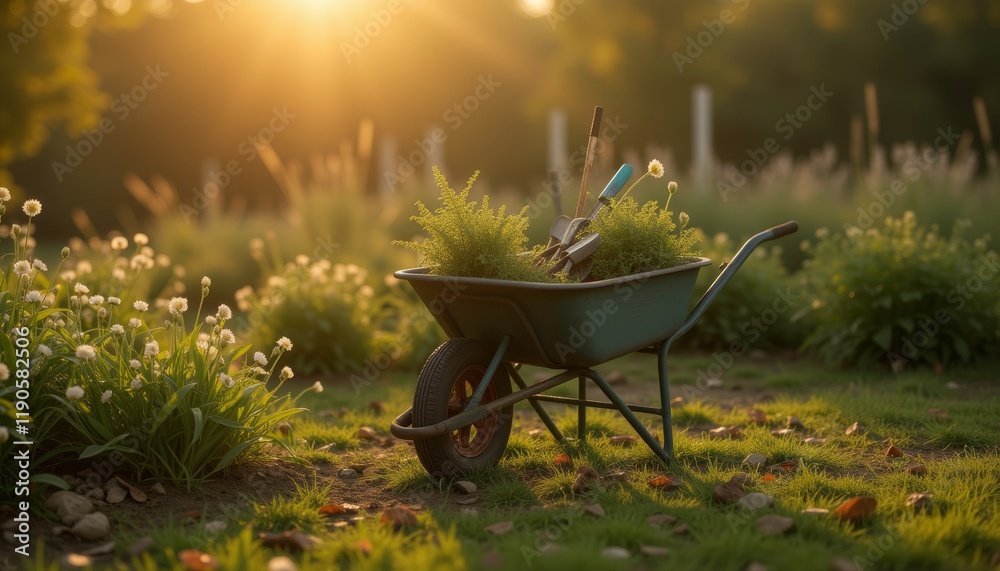 Wheelbarrow with flowers in a sunny garden Wheelbarrow with flowers in a sunny garden