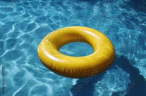  Inflatable yellow ring floating on blue water in a swimming pool, summertime. photo