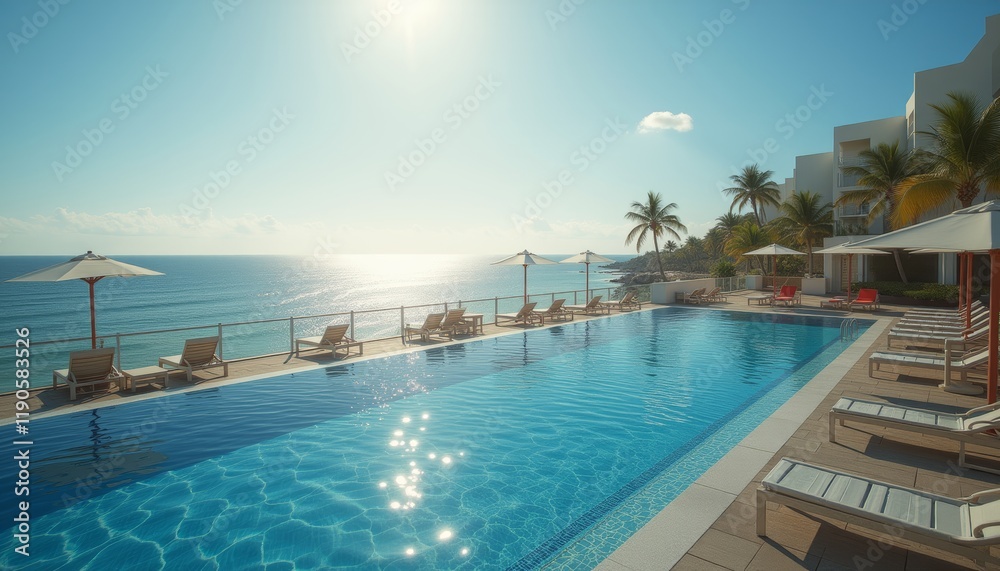 Infinity pool overlooking ocean on a sunny day Infinity pool overlooking ocean on a sunny day