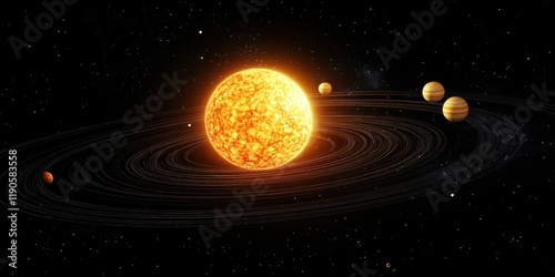 A digital model of the solar system with planets revolving around the sun, depicting astronomical theories.