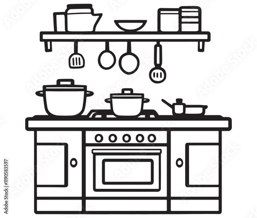 A black and white drawing of a kitchen, Line art kitchen furniture set