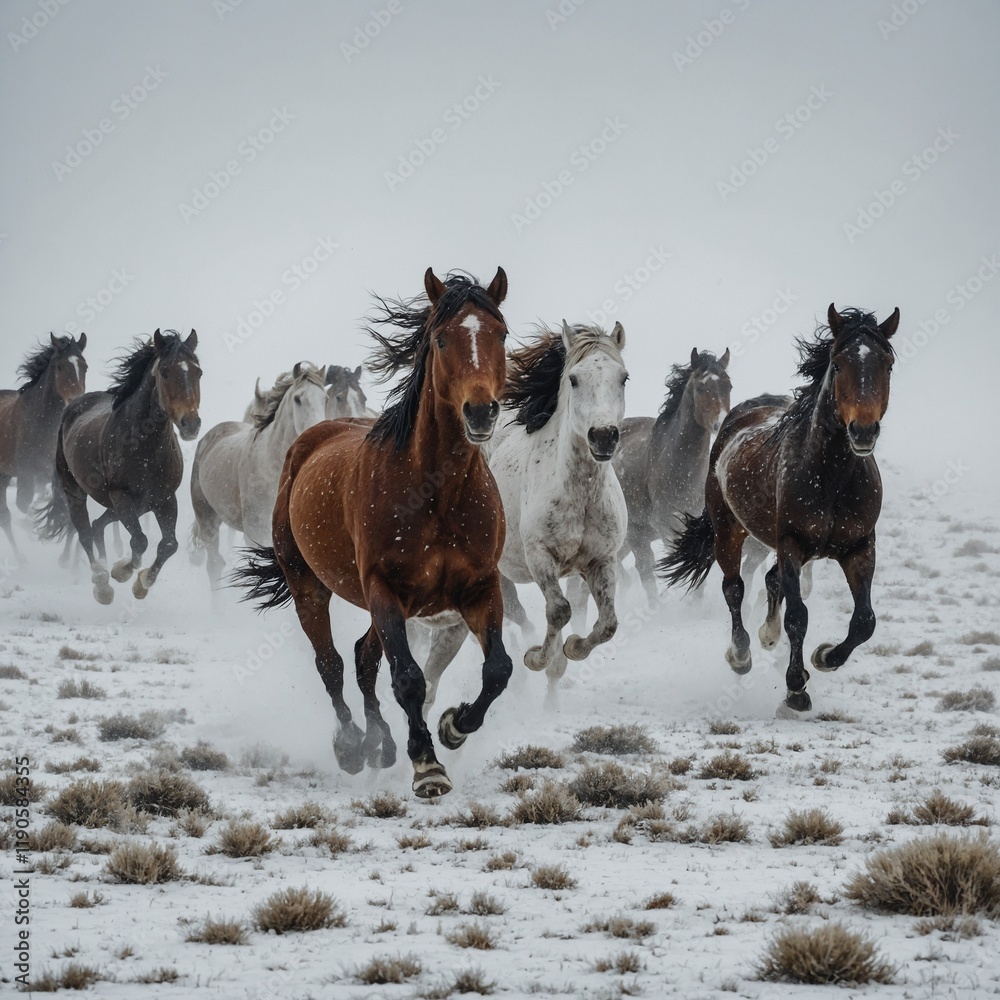 A herd of wild horses galloping across a misty white landscape. A herd of wild horses galloping across a misty white landscape.