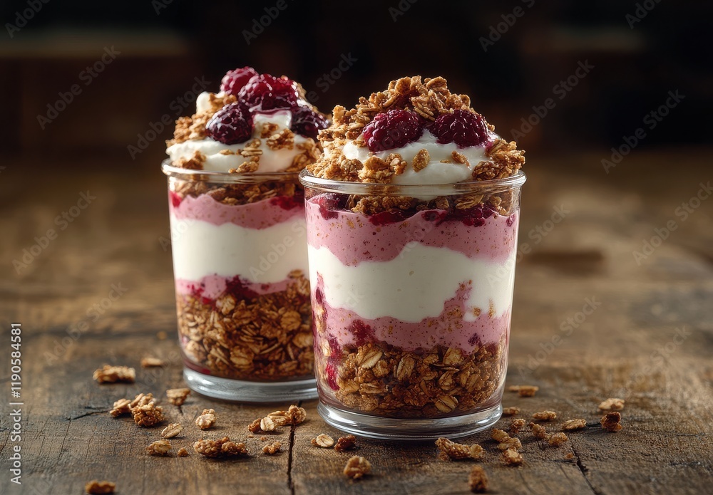 Delicious Layered Yogurt Parfait with Raspberry, Granola, and Cream Topping in Glass Cups on Rustic Wooden Table, Perfect for Healthy Breakfast or Dessert Options Delicious Layered Yogurt Parfait with Raspberry, Granola, and Cream Topping in Glass Cups on Rustic Wooden Table, Perfect for Healthy Breakfast or Dessert Options