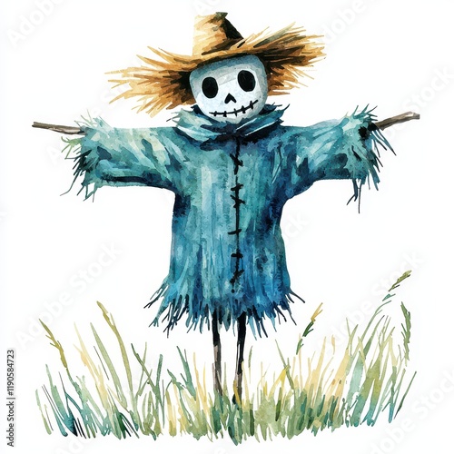 Spooky Watercolor Scarecrow with Straw Hat in Field Halloween Decor Autumn Illustration photo