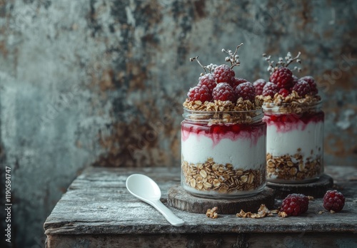 Delicious layers of creamy yogurt, sweet raspberry sauce, crunchy granola, and fresh raspberries in glass jars on a rustic wooden surface create a tempting dessert display.