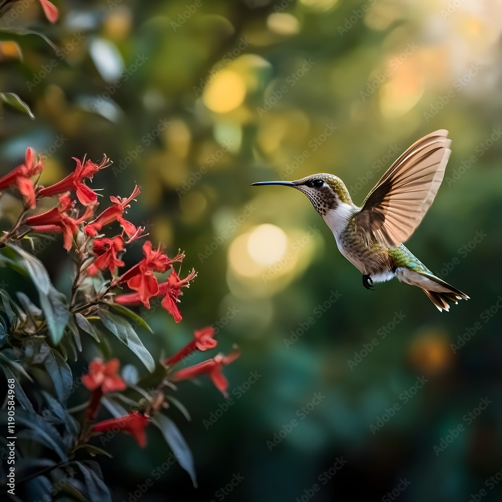 Naklejka premium Hummingbird in flight near red flowers. A vibrant scene of nature's beauty.