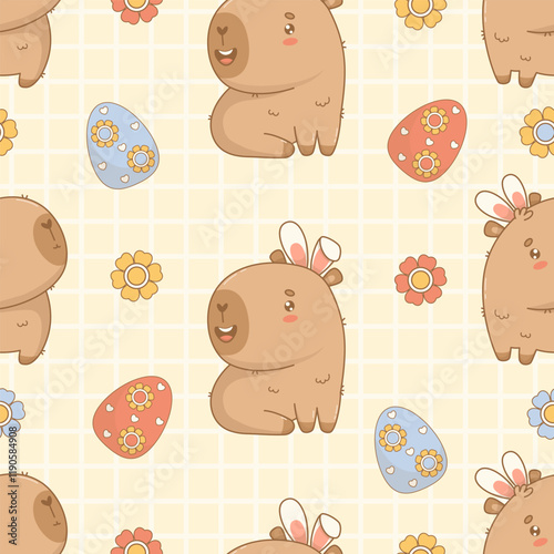 Easter Seamless pattern. Funny cartoon capybara in bunny ears on yellow checkered background with paschal decorative floral eggs. Holiday kawaii character. Vector illustration. Kids collection