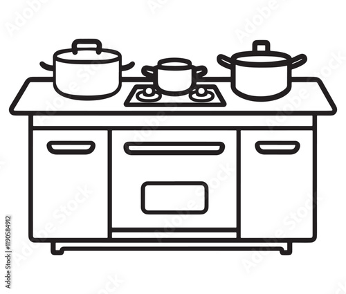 A black and white drawing of a kitchen, Line art kitchen furniture set