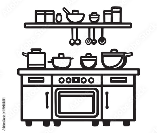 A black and white drawing of a kitchen, Line art kitchen furniture set