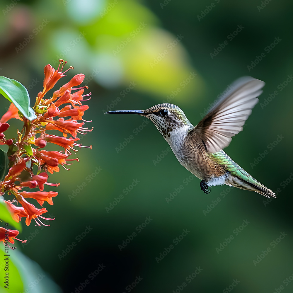 Obraz premium Hummingbird in flight, approaching vibrant red flowers. A stunning display of nature's beauty.