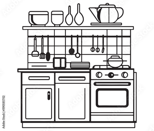 A black and white drawing of a kitchen, Line art kitchen furniture set