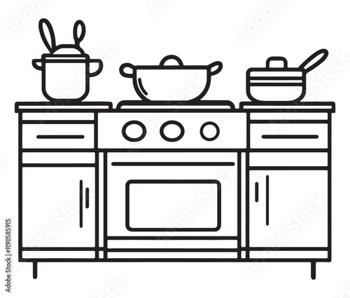 A black and white drawing of a kitchen, Line art kitchen furniture set