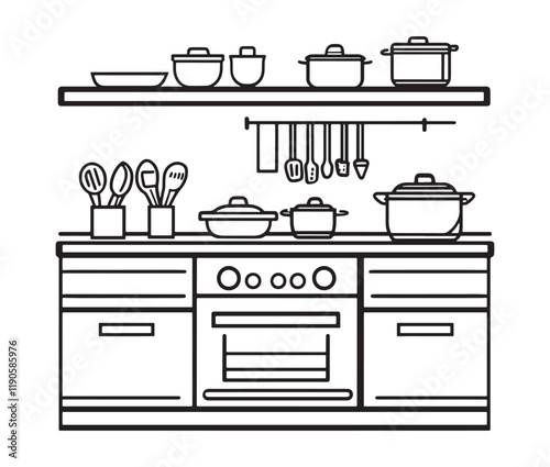 A black and white drawing of a kitchen, Line art kitchen furniture set