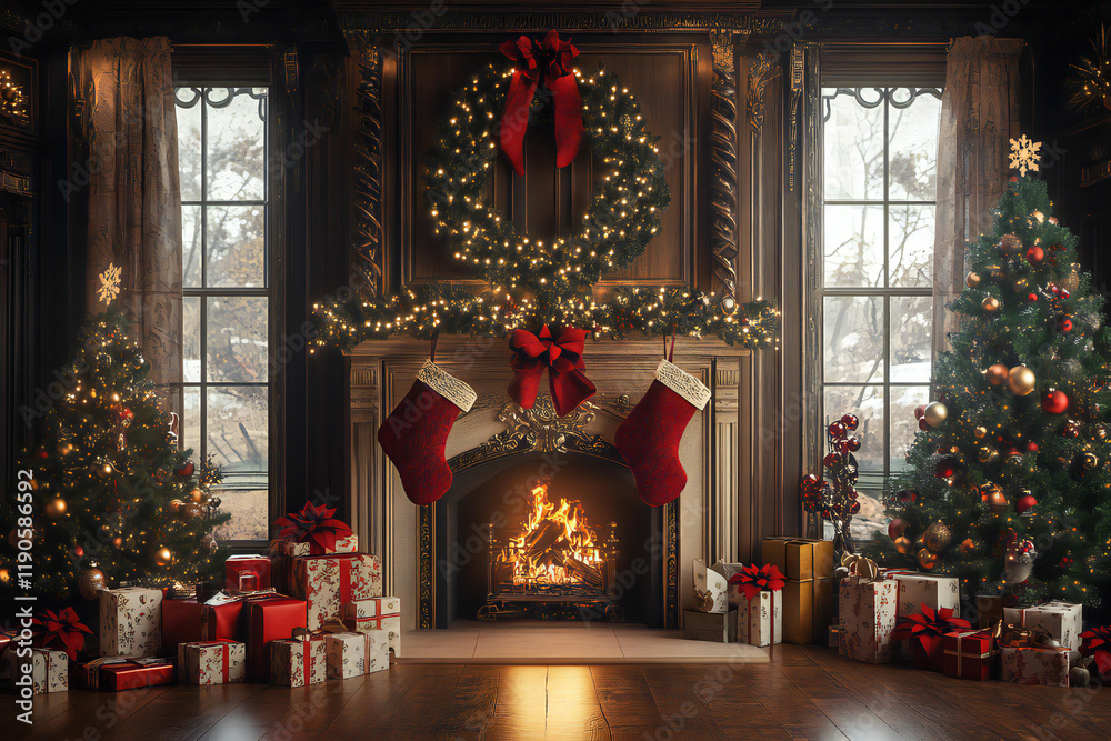 Fototapeta premium Luxurious Christmas Decorated Living Room with Ornate Fireplace and Two Decorated Trees