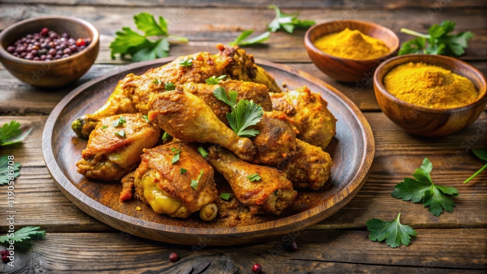 Chicken dish with Indian spices like cumin turmeric and coriander on a wooden plate , spices, chicken, spices Chicken dish with Indian spices like cumin turmeric and coriander on a wooden plate , spices, chicken, spices