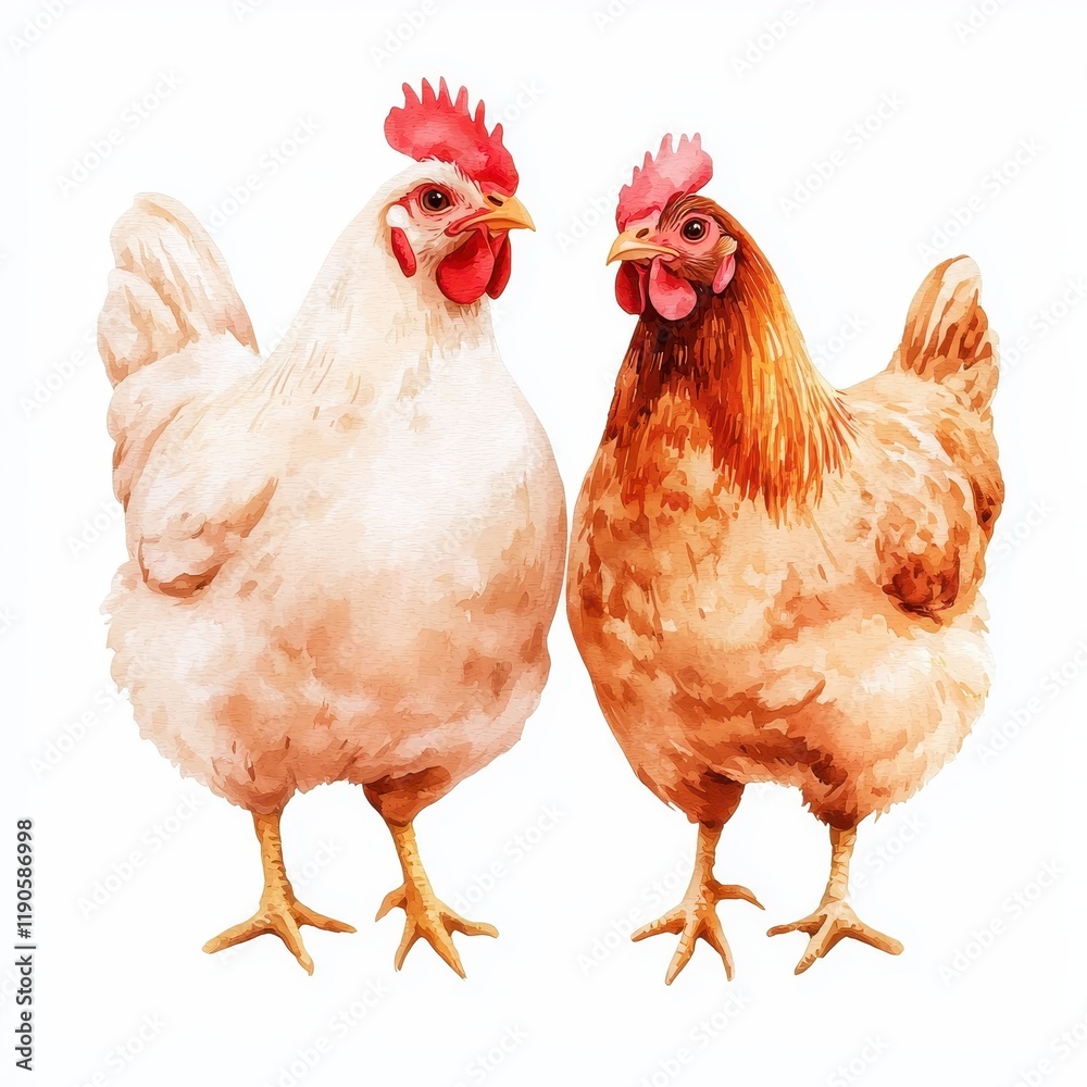 Fototapeta premium Watercolor Painting of Two Chickens White and Brown Hen Farm Animals Poultry Illustration