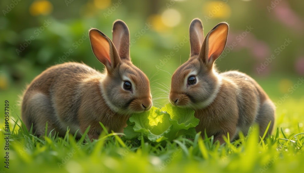 Fototapeta premium Two rabbits eating lettuce in a grassy field