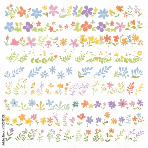 Extensive Collection of Pastel Colored Floral Elements Hand Drawn Flowers Leaves and Sprigs for