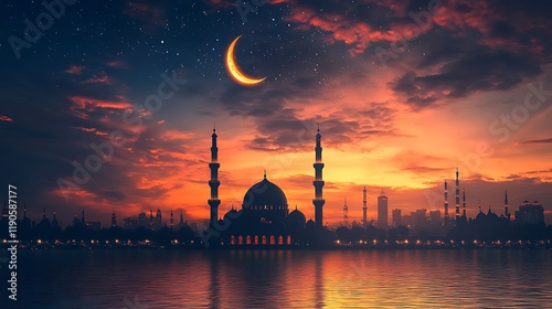 Mosque silhouette with a glowing crescent moon above it against a twilight sky background enhanced with subtle sparkles for an elegant Eid celebration theme