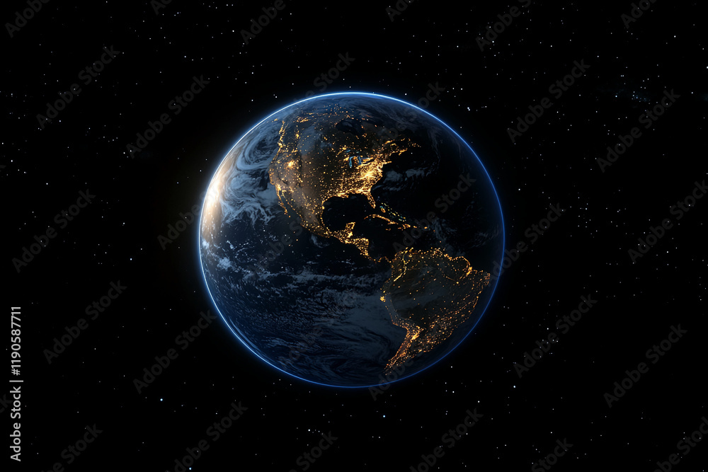 Obraz premium Stunning view of Earth from space with illuminated city lights and stars