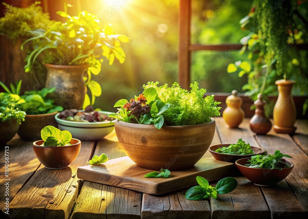 Fresh Salad Mockup with Greenery and Herbs on Rustic Wooden Table Fresh Salad Mockup with Greenery and Herbs on Rustic Wooden Table