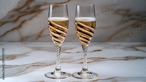 Pair of champagne flutes with light gold accents and subtle bubbles placed on a marble background creating an elegant minimalistic wedding celebration theme