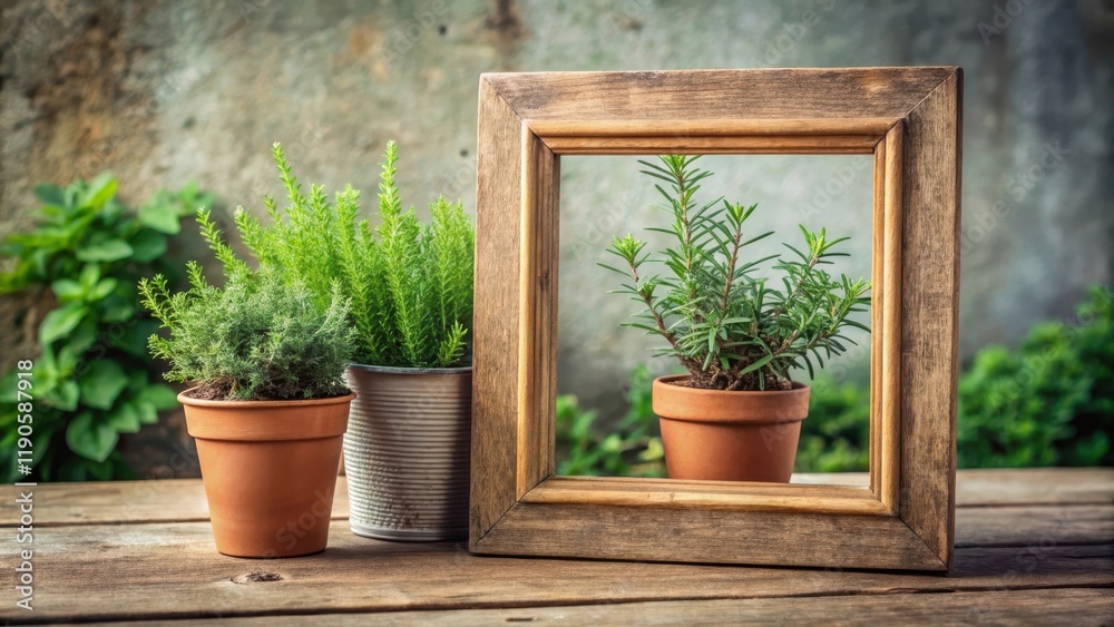 A beautiful wooden picture frame containing a pair of sprouting rosemary and thyme plants, placed on a rustic stone table, surrounded by lush greenery , home decor, planters A beautiful wooden picture frame containing a pair of sprouting rosemary and thyme plants, placed on a rustic stone table, surrounded by lush greenery , home decor, planters