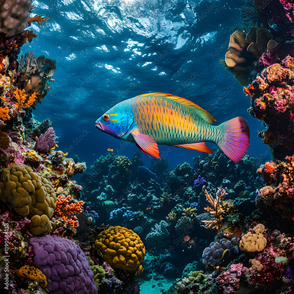 Fototapeta premium Vibrant reef fish swimming amidst colorful coral. A breathtaking underwater scene.