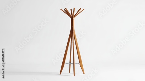 Modern wooden coat rack with a minimalist design, standing on a white background.