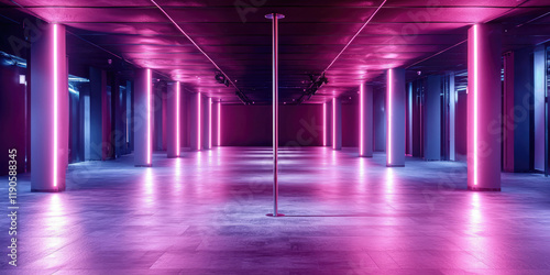 Dance pole in a nightclub. Night club interior, dance floor, neon glow