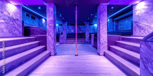 Dance pole in a nightclub. Night club interior, dance floor, neon glow