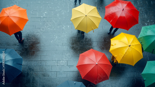 Colorful umbrellas brighten a rainy day in a bustling urban setting filled with pedestrians navigating wet streets