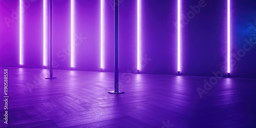 Dance pole in a nightclub. Night club interior, dance floor, neon glow