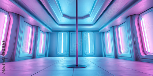 Dance pole in a nightclub. Night club interior, dance floor, neon glow