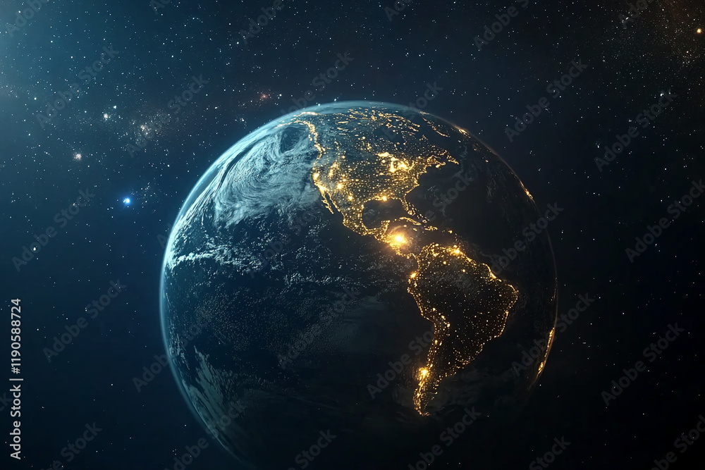 Fototapeta premium Earth illuminated at night with glowing city lights and stars in space