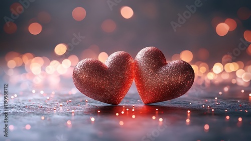 Romantic vignette featuring two overlapping hearts glowing on a starry minimalistic backdrop with soft pink light rays write happy valentines day between the hearts