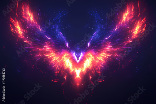 A glowing phoenix rising from digital ashes with neon trails, symbolizing rebirth