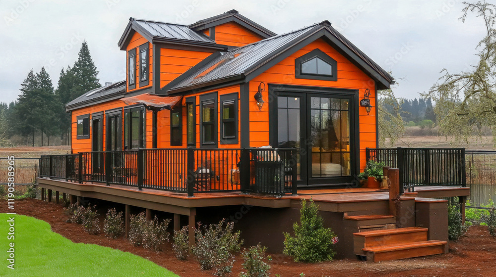 Fototapeta premium Bright orange tiny house with large windows and a deck situated in a rural landscape under cloudy skies